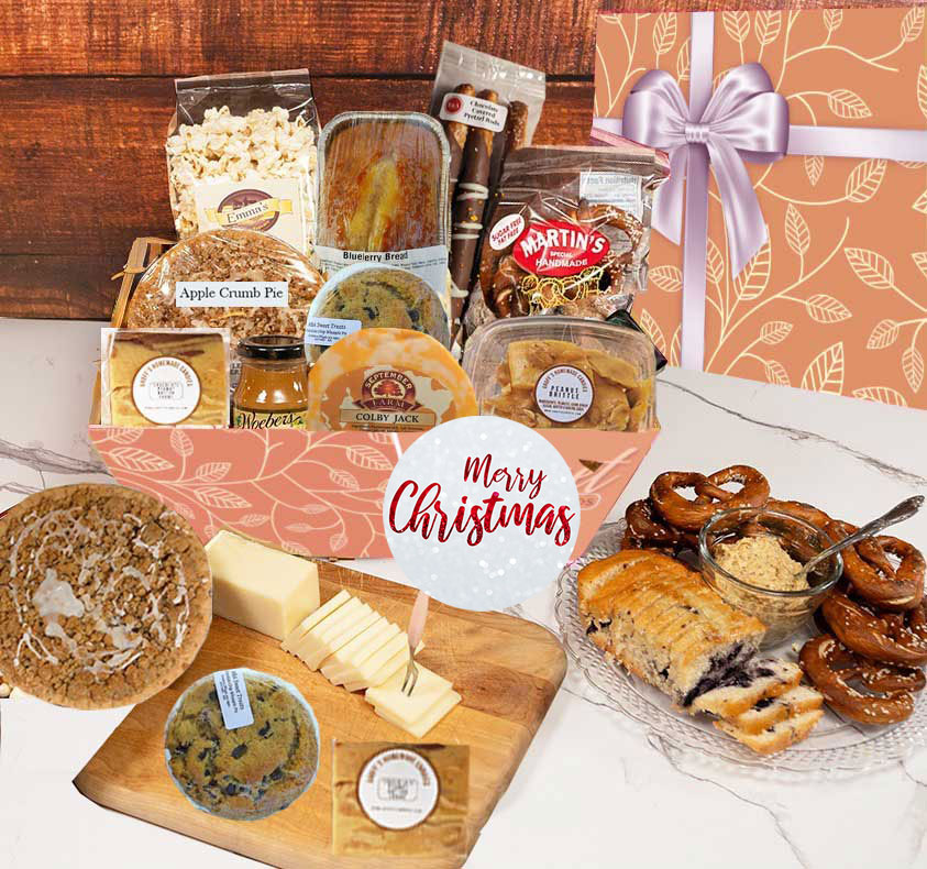 Our holiday Gift Baskets and gift boxes are one of our most popular and offers delicious Amish baked goods, gourmet foods, and cheeses