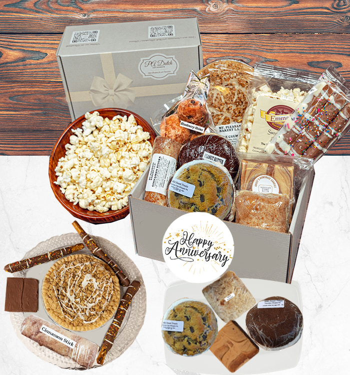 Our anniversary gift baskets filled with baked pies, whoopie pies, chocolates and more that we are happy to customized the special occasion