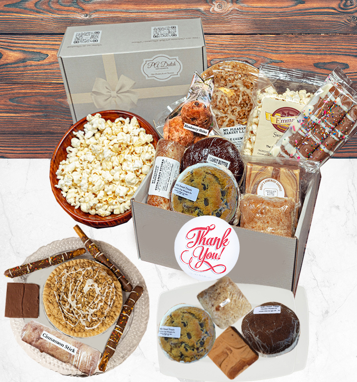 Our thank you gift box offers apple or shoo fly pie, fudge, streusel and much more that we ship direct and customize to the occasion 
