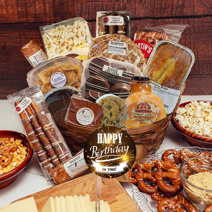 Our Birthday gift the Savory Flavors is our best seller with many PA Dutch gourmet cheeses, foods, baked goods and delicious chocolates