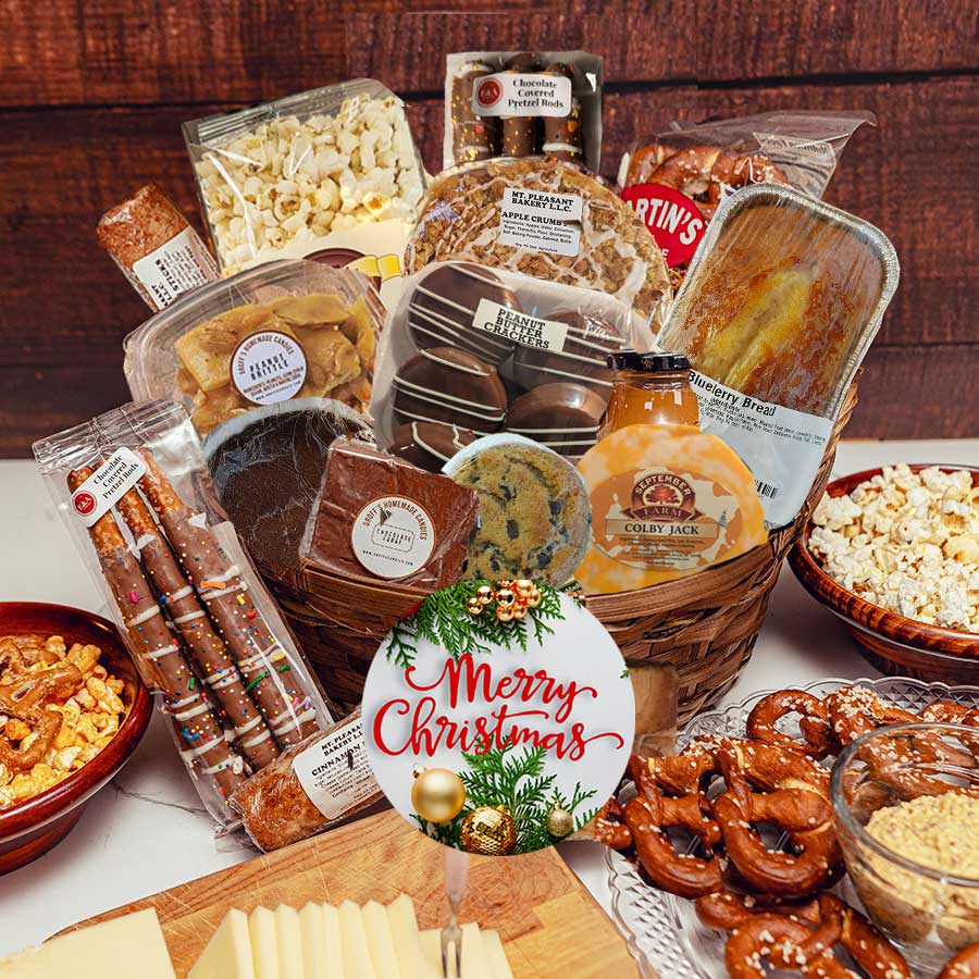 Our Christmas Gift Box is one of our most popular and offers delicious offering Amish baked pies, whoopie pie, cheeses, and much more