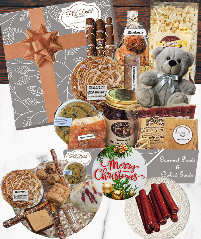 Our Christmas Gift Basket ideas is one of the most popular because of the variety including homemade jam, beef, whoopie pies, baked pies and more